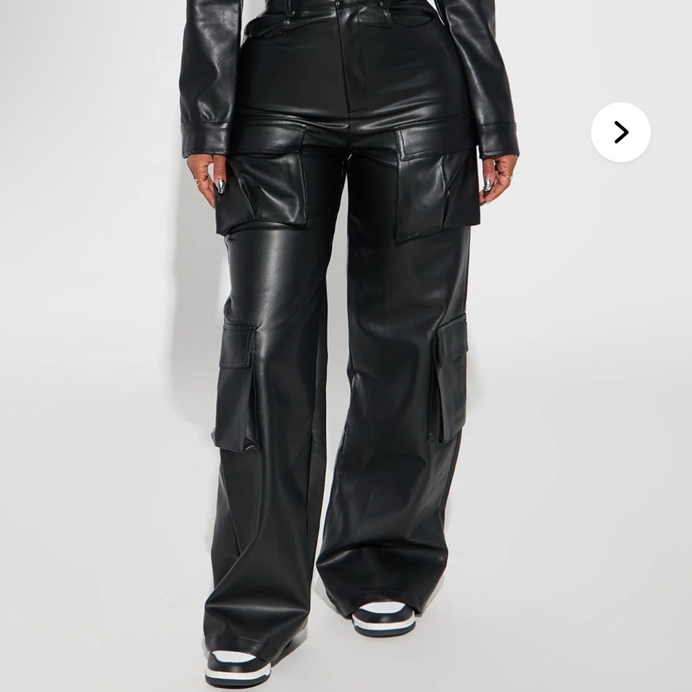 Black Faux Leather Women's Cargo Pants